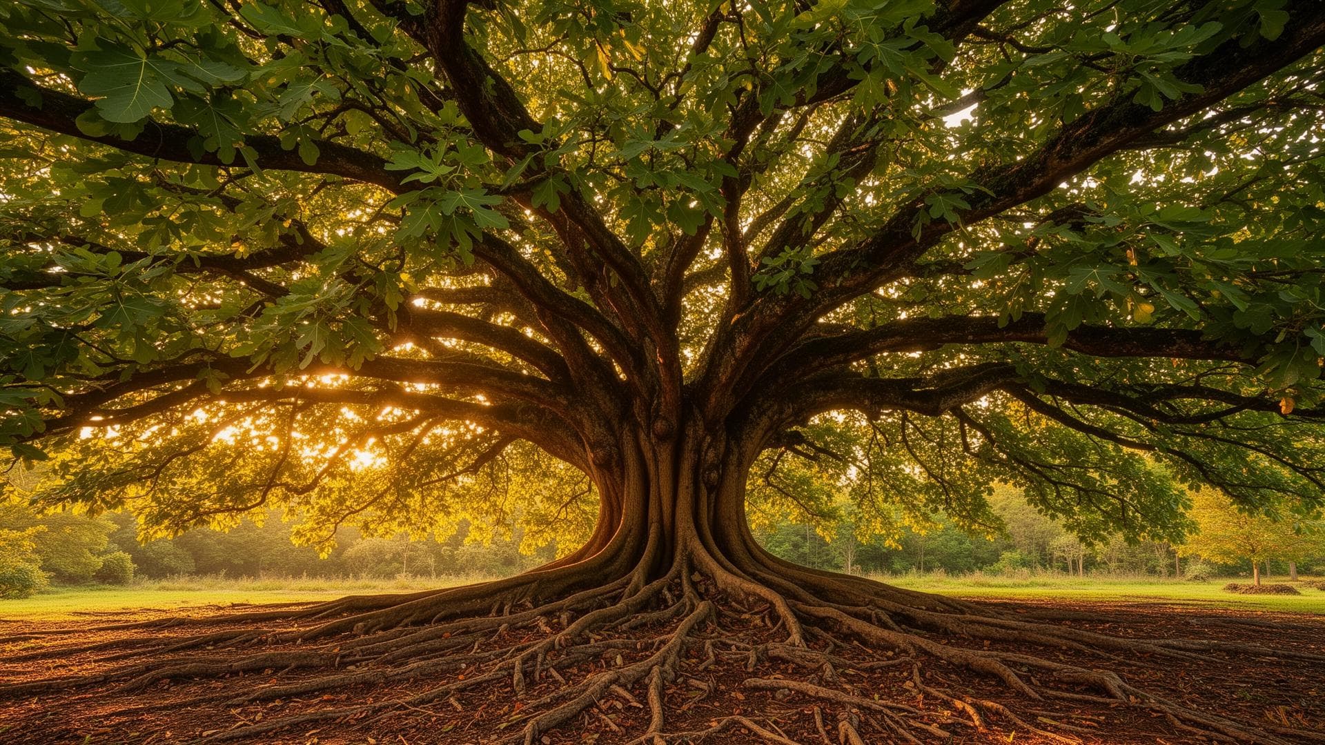 Ancient fig tree with wide branches and deep roots